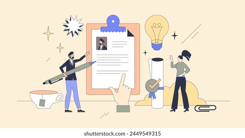 Resume writing and candidate CV application neubrutalism tiny person concept. Human resources work with new talent search from application and motivation letters vector illustration. Job interview.