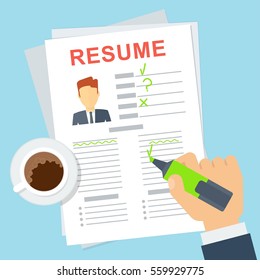 Resume Writing concept. Sheet resume with notes and corrections. Assessment of the applicant skills. Flat vector cartoon illustration. Objects isolated on a white background.