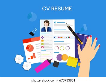 Resume writing concept. Sheet resume with notes corrections,  assessment of the applicant skills and language. Flat vector cartoon illustration vector