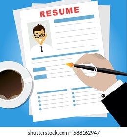 Resume writing concept. Woman writing business resume with a pen. Assessment of the applicant skills. Vector illustration in flat design.