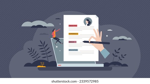 Resume writing and CV typing for vacancy application tiny person concept. Write objectives, experience, skills and education on letter for human resources vector illustration. Create curriculum vitae