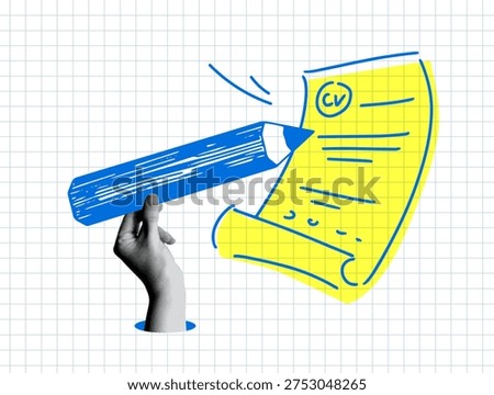 Resume writing. Halftone hand writing a CV. Large pencil in hand. Filling out documents. Modern collage
