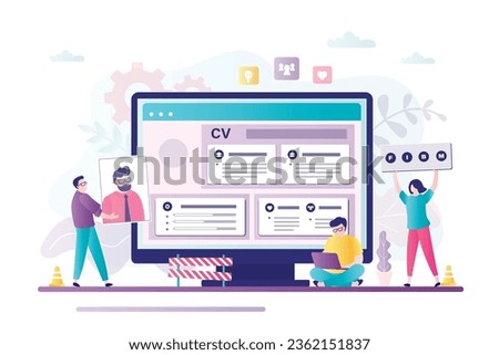 Resume writing service. Application or website for creating resumes, cv, documents for job applicants. Business people add different icons and interface parts to screen. Job seekers create resumes.