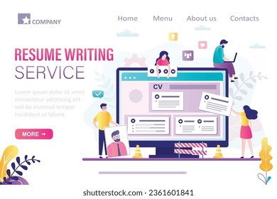 Resume writing service, landing page template. Application or website for creating resumes, cv, documents for job applicants. Group of business people add different icons and interface parts to screen