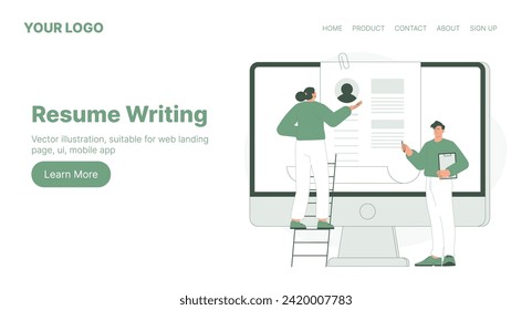 Resume Writing. Web Landing Page Design. Flat Cartoon Vector Illustration. Vector illustration, suitable for web landing page, ui, mobile app.