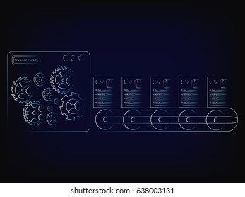 resumes coming out of factory machine production line (vector illustration with neon effect on mesh background)