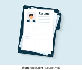 Resumes. CV application. Selecting staff. Resume template for web landing page, banner, presentation, social media. Analyzing personnel resume. Recruitment, concept of human resources management

