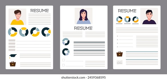 Resumes. CV application. Selecting staff. Searching professional staff. Resume form. Recruitment. Creative cv template vector minimalist