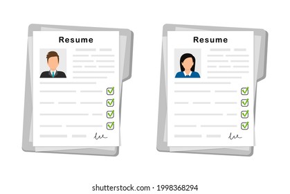 Resumes form. CV in folder. Recruitment staff. Business resume for job search. Selecting employment.