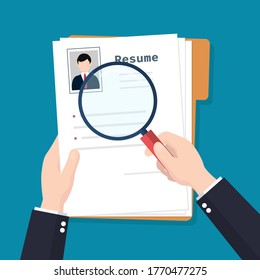 Resumes in hand. CV application. Selecting staff. Searching professional staff. Analyzing personnel resume. Recruitment, concept of human resources management. Flat design, vector illustration.