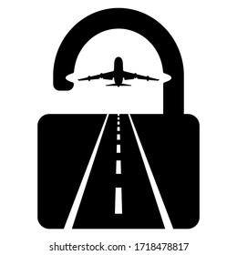 Resumption of air traffic after quarantine. Flat illustration of take-off airplane in open lock.