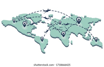 Resumption of air traffic after quarantine. Flat illustration of air flights. Opening borders. Free travel.

