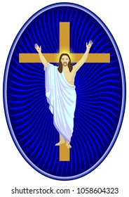 Resurrected Christ hovering in front of the cross, in a blue oval with aureole