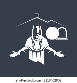 Resurrecí a Jesucristo. Una tumba vacía y una piedra rodada. Tres cruces en Golgotha. Ilustración vectorial de Pascua.