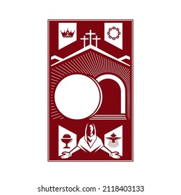 Jesus Christus wurde wiederbelebt. Ein leeres Grab und ein gewalzter Stein. Drei Kreuze auf Golgotha. Ostervektorgrafik.