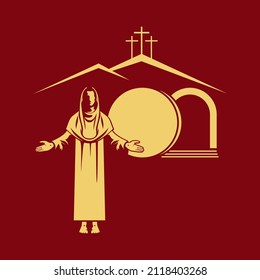 Resurrected Jesus Christ. An Empty Tomb And A Rolled Stone. Three Crosses On Golgotha. Easter Vector Illustration.