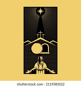 Resurrected Jesus Christ. An empty tomb and a rolled stone. Three crosses on Golgotha. Easter vector illustration.