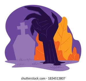 Resurrection of dead people rising from graves. Cemetery and hand of zombie from ground. Halloween creepy holiday, evil monster from graveyard. Autumn festive celebration, vector in flat style