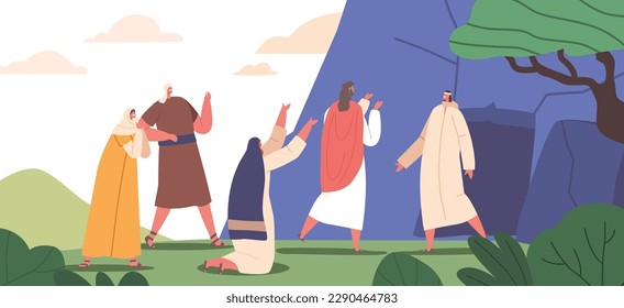 Resurrection Of Lazarus Biblical Scene. Jesus Performs A Miracle, Bringing Lazarus Back To Life After Four Days In Tomb