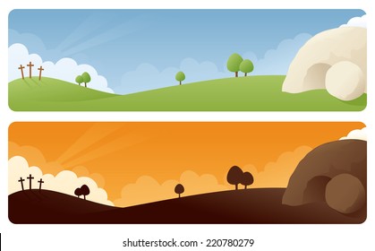 Resurrection scene banners in daylight and sunrise/sunset.