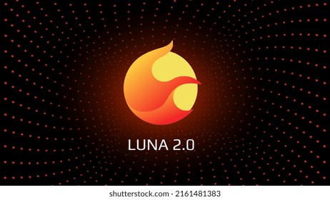 Resurrection Terra LUNA 2.0 token symbol cryptocurrency in the center of spiral of glowing red dots on dark background. Cryptocurrency logo icon for banner or news. Vector illustration.