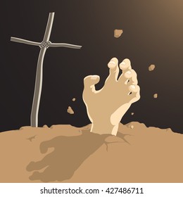 Resurrection. Vector Illustration Of A Human Hand Breaking Out Of The Ground