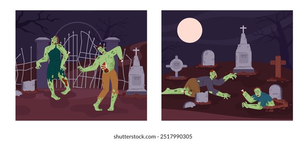 Resurrección de zombies en el conjunto de ilustraciones planas del Vector del cementerio. Fondo del cementerio del horror de Halloween con el cadáver del zombi y el caminar muerto, cerca del cementerio, luz de luna llena y lápidas