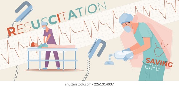 Composición de cuidados intensivos de resuscitación con collage de caracteres humanos planos dispositivos de electrochoque cardiograma y subtítulos de texto ilustración vectorial