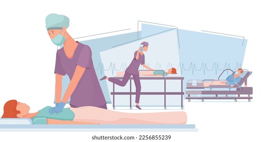 Resuscitation intensive care composition with flat views of medical procedures with characters of patients and physicians vector illustration