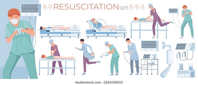 Resuscitation intensive care set of flat isolated compositions with ambulance carts medical equipment and doctor characters vector illustration