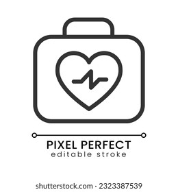 Resuscitation medical kit pixel perfect linear icon. Emergency equipment. First aid kit. Thin line illustration. Contour symbol. Vector outline drawing. Editable stroke. Poppins font used