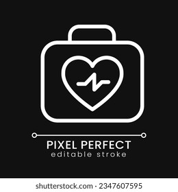 Resuscitation medical kit pixel perfect white linear icon for dark theme. Emergency equipment. First aid kit. Thin line illustration. Isolated symbol for night mode. Editable stroke. Poppins font used