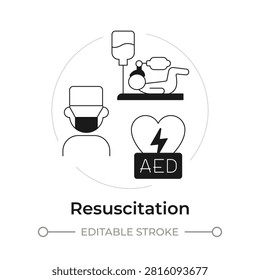 Resuscitation modern flat line concept icon. Advanced medical care. Cardiac arrest intervention. Life support procedures. Solid and outline vector illustration. Round black and white design