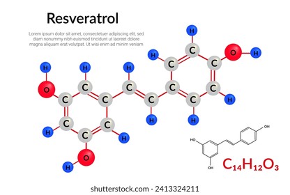 Resveratrol molecular structure formula, ball-and-stick model, suitable for education or chemistry science content. Vector illustration.