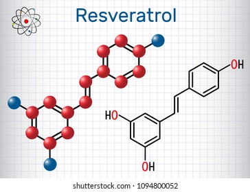 Resveratrol molecule. It is natural phenol, phytoalexin, antioxidant. Structural chemical formula and molecule model. Sheet of paper in a cage. Vector illustration