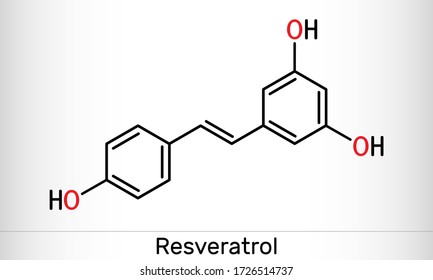 Resveratrol, trans-resveratrol molecule. It is stilbenoid, natural phenol, phytoalexin, antioxidant. Structural chemical formula. Vector illustration