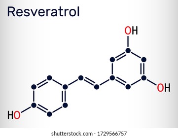 Resveratrol, trans-resveratrol molecule. It is stilbenoid, natural phenol, phytoalexin, antioxidant. Structural chemical formula. Vector illustration