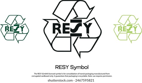 The RESY (GmbH) licensed symbol is for consolidation of transit packaging manufactured from corrugated cardboard only. It guarantees that packaging is recyclable. Note: use requires permission.