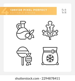 Retail assortment pixel perfect linear icons set. Food variety. Online grocery. Supermarket shelf. Customizable thin line symbols. Isolated vector outline illustrations. Editable stroke