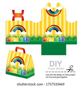 Retail Bag oder Box mit Die Cut Template mit einem lustigen Bild von Sommer, Regenbogen, Spaß. Kinderhandtütenspielzeug. Box-Design, Stanzen. Vektorgrafik-Vorlage