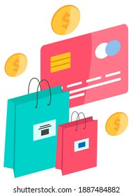 Bolsas de venta al por menor con descuento de objeto plano. Compras especiales con tarjeta de crédito en segundo plano. Pago remoto en línea sin contacto. Paquetes de bajo coste. Ilustración vectorial de venta estacional