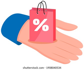 Retail bags with discount flat vector object. Special offer purchases on the human s hand. Seasonal sale cartoon illustration. Hand with package isolated on white background. Packages with low cost