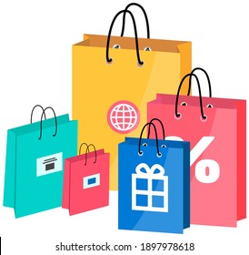 Retail bags vector object. Special offer purchases with symbols of world, delivery, present and discounts. Packages with low cost. Seasonal sale isolated cartoon illustration for web graphic design