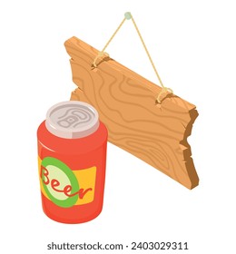 Retail beer icon isometric vector. Closed beer can near wooden bar signboard. Drink production, business