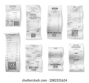 Billetes minoristas. Comprobar impresión de factura, recibo de compra o café. Recibos aislados de papel de compra, tienda o factura de restaurante. Conjunto de vectores exactos de pagos de supermercados