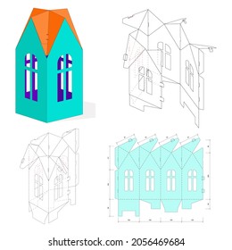 Retail Box with Blueprint Template. Cardboard Shaped Opening Carry Box Bag Packaging,  Portable Container, Isolated On White Background. Die-stamping.