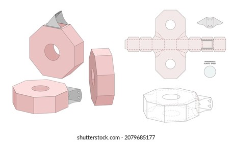 Retail Box with Blueprint Template. Cardboard Shaped Opening Carry Box Bag Packaging,  Portable Container, Isolated On White Background. Die-stamping.