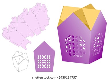 Retail Box with Blueprint Template. Cardboard Shaped Opening Carry Box Bag Packaging,  Portable Container, Isolated On White Background. Die-stamping.