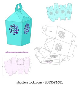 Retail Box with Blueprint Template. Wedding Bonbonniere, Paper Lantern, House for Sweets  with Die Cut. Openwork Box with  Lace Silhouette. Laser Cutting. No Glue Needed.