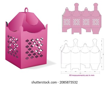 Retail Box with Blueprint Template. Wedding Bonbonniere, Openwork Box, House for Sweets  with Die Cut. Paper Lantern with  Lace Silhouette. Laser Cutting. 
